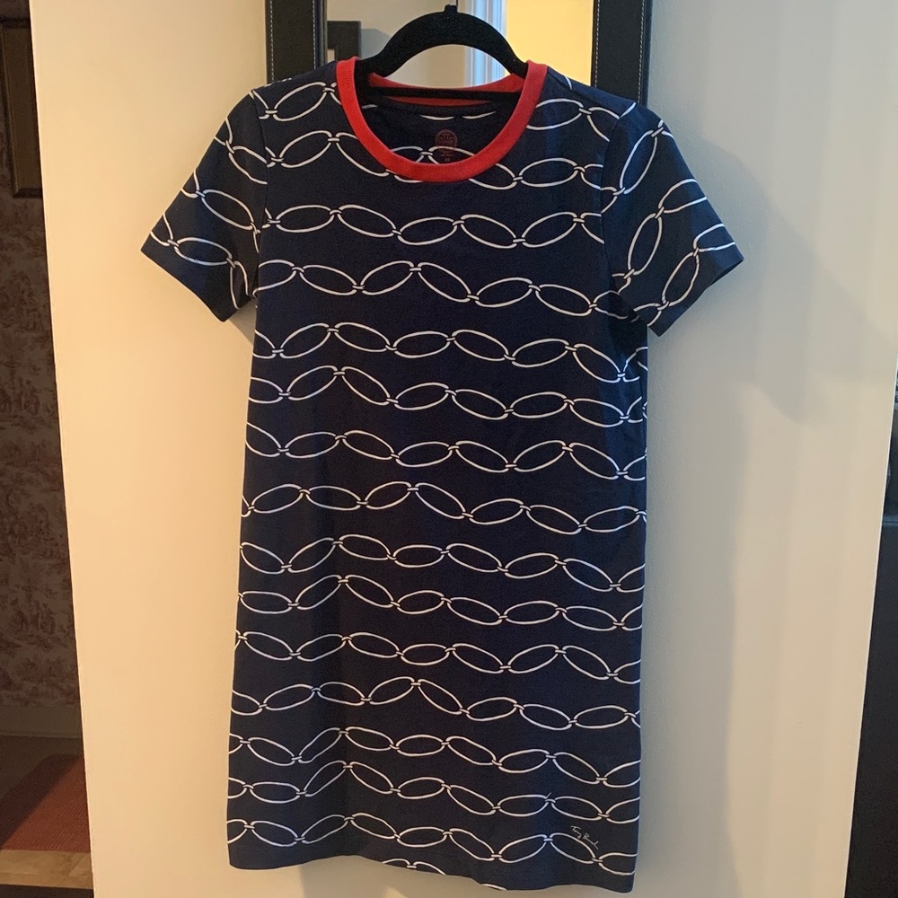 Tory Burch Michaela Navy Dress with White Chain Pattern and Red Trim Size XS